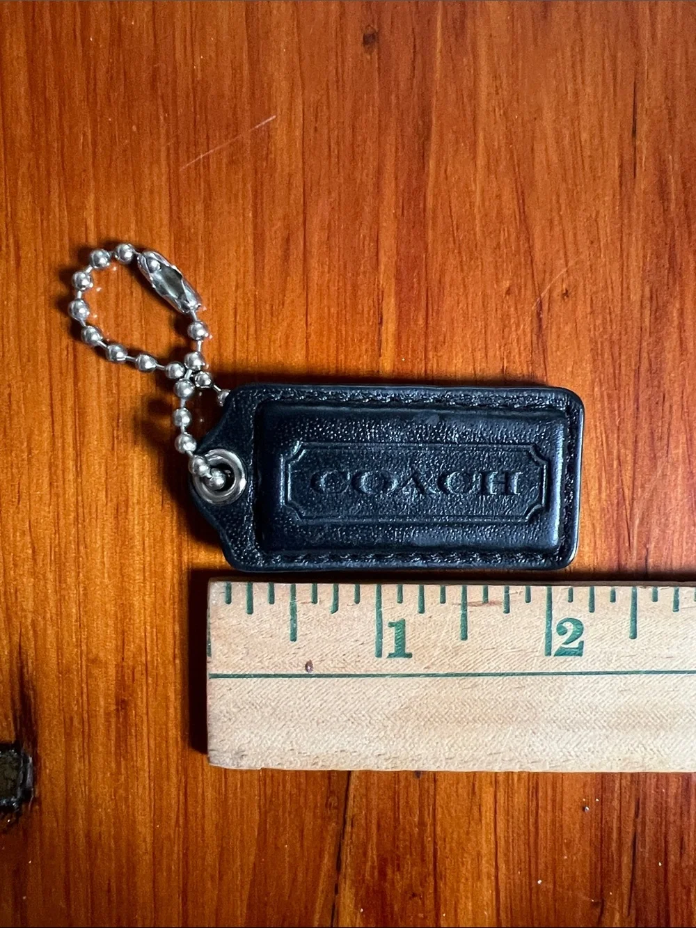 Coach Black Leather Embossed Logo Key Tag with Ball Chain